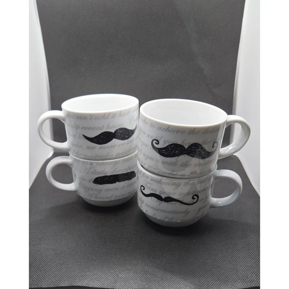 Set of 4 Pier 1 Mustache Ceramic Coffee Mugs White Black Handlebar Chevron Mugs